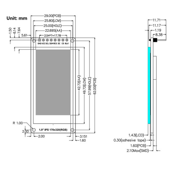 IPS TFT дисплей 1.9" (170×320px) с SPI на микросхеме ST7789