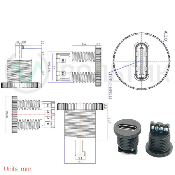 Чертеж монтажного врезного разъема USB Type-C -