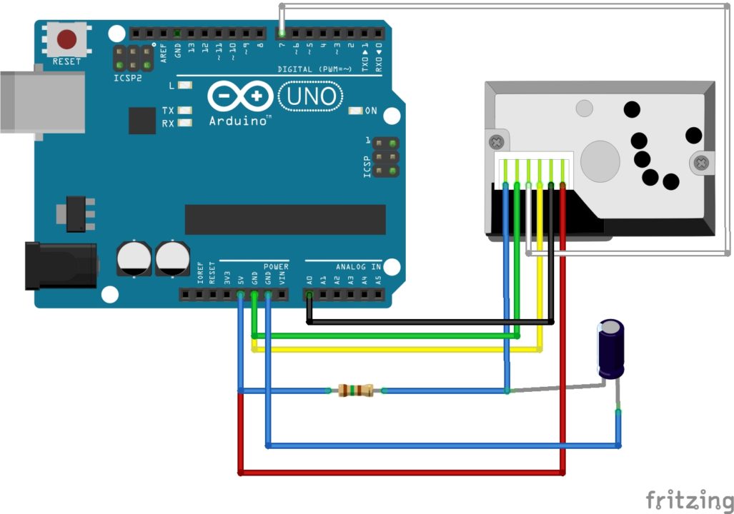 Датчик пыли GP2Y1010AU0F и Arduino Uno — Схема подключения и пример кода