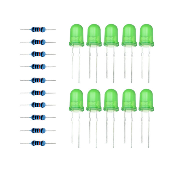 Светодиоды, 5 мм, зеленые, и резисторы, по 10 шт.