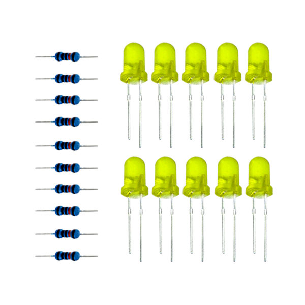 Светодиоды, 5 мм, желтые, и резисторы, по 10 шт.