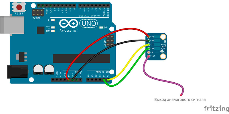 Подключение цифро-аналогового I2C преобразователя MCP4725 к Arduino Uno: Схема